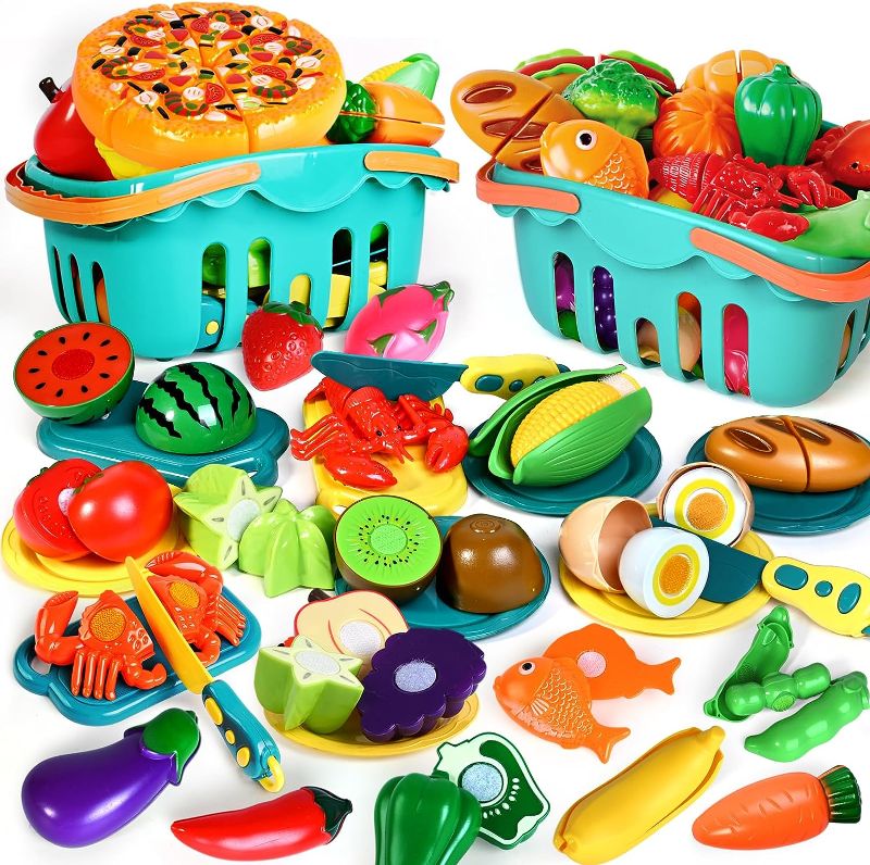 Photo 2 of 100 Pcs Play Food Set for Kids Kitchen, Pretend Food Toy for Toddlers Age 1-3, Plastics Cutting Fake Food/ Fruit/ Vegetable Accessories with 2 Baskets, Birthday Gifts for 2 3 4 5 Years Old Boys Girls