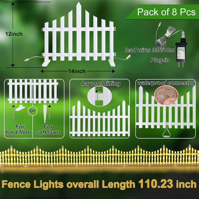 Photo 3 of (NON-REFUNDABLE) Aobik Outdoor Garden Fence Lights, 8-Pcs 288 LEDs Glowing Fence Waterproof Led Xmas Lights 8 Lighting Modes Plug in Flicker/Flash for Christmas Outdoor, Step, Fence, Yard, Patio, and Pathway Warm White