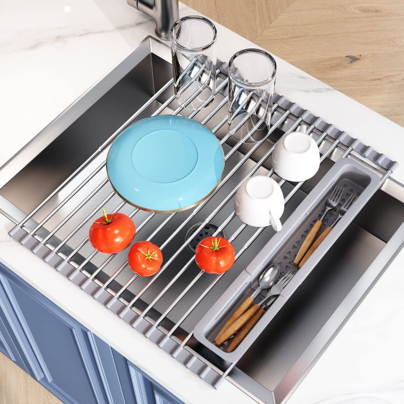 Photo 1 of JASIWAY Over Sink Dish Drying Rack for Kitchen, Roll Up Dish Drainer with The Function of Fordable, Expandable, Rust-Proof, Large Sink Cover with Removable Utensil Holder (15.5"- 23.3") Silver Expandable 23.3" x 15.5"