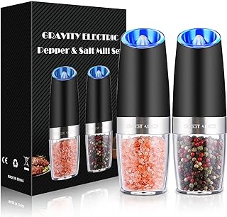 Photo 1 of Gravity Electric Pepper and Salt Grinder Set, Adjustable Coarseness, Battery Powered with LED Light, One Hand Automatic Operation, Stainless Steel Black, 2 Pack
