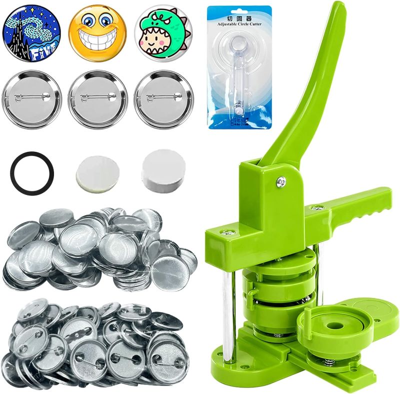 Photo 1 of Button Maker Machine 75mm, 3-inch Green Badge Pin Press Button Making Kit with 400Pcs Free Blank Round Button Parts Metal Pin Back & Picture Paper & Plastic Mylar & Cutter, for DIY Keepsake Gift
