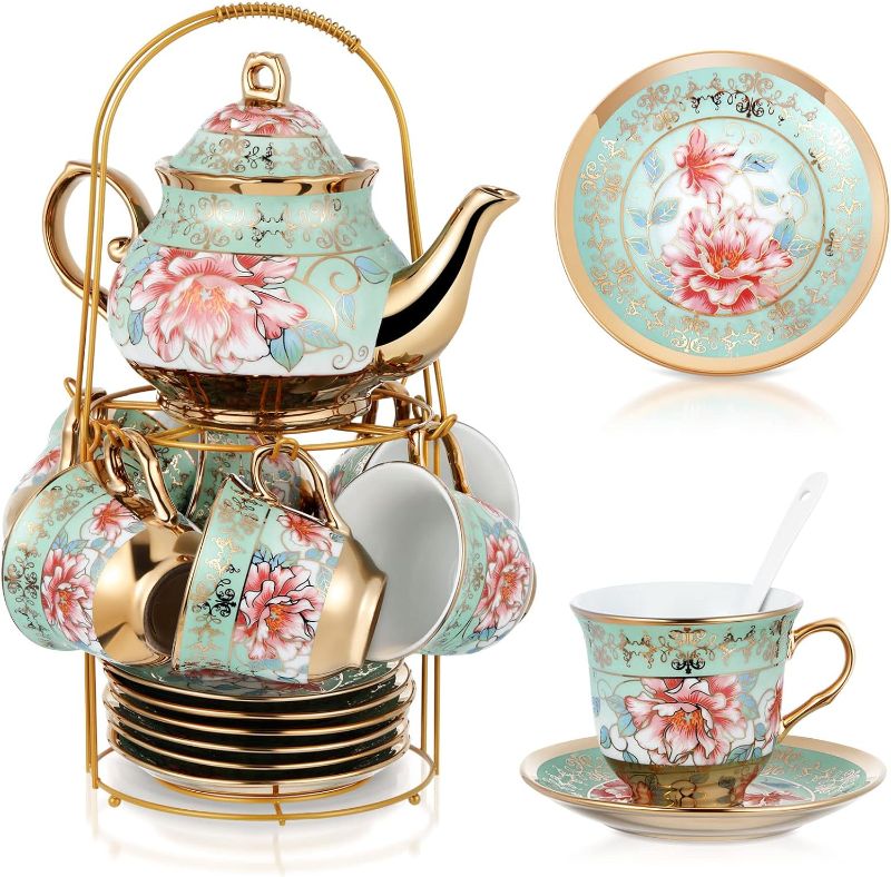 Photo 1 of 20 Pcs Porcelain Tea Set with Metal Holder Adult Ceramic Tea Party Set European Flower Tea Cup Saucer Set for Adult Women Girls with Flower Painting, Large Version (Fresh Style)