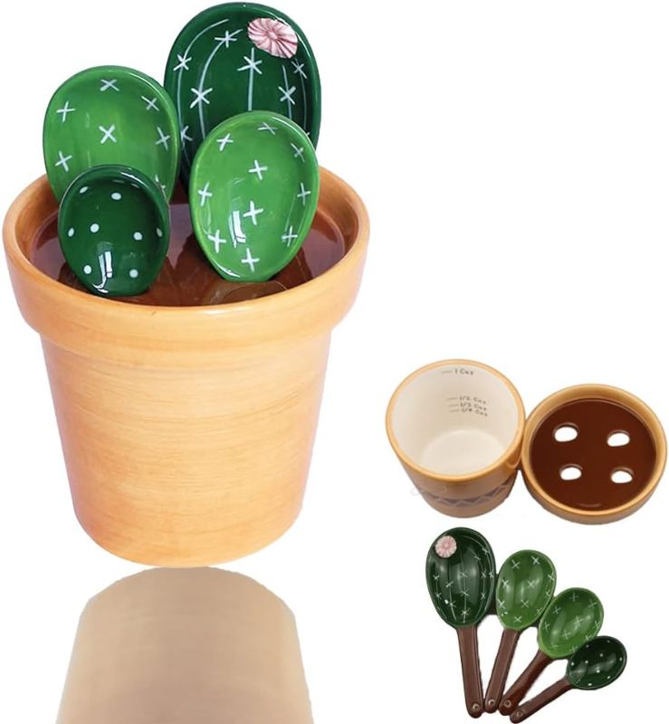 Photo 1 of Cactus Measuring Spoons Set in Pot, Measuring Spoons Set with Base, Cactus Measuring Spoons Ceramic for Baking, Salt, Sugar (1 Color)