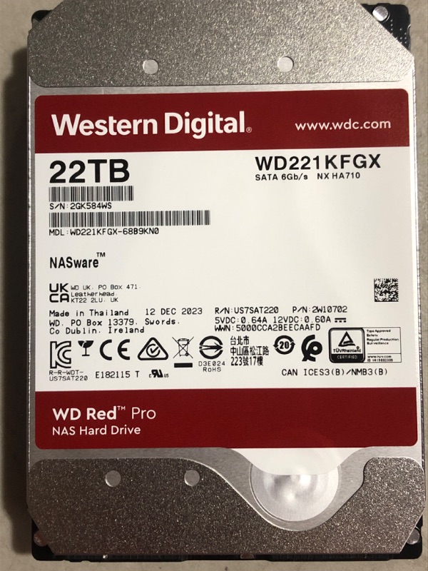 Photo 4 of (previously opened)(see images) Western Digital 22TB WD Red Pro NAS Internal Hard Drive HDD - 7200 RPM, SATA 6 Gb/s, CMR, 512 MB Cache