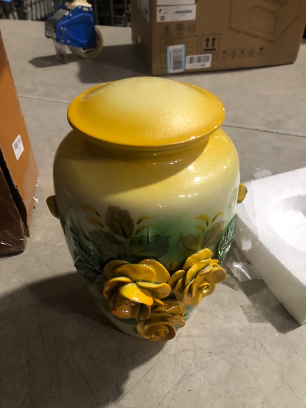 Photo 2 of 11" 3D Carved Decorative Flowers Aluminum Metal Cremation Urns for Human Ashes | Hand-Crafted Large Urn for Adult Cremation (Yellow Roses)