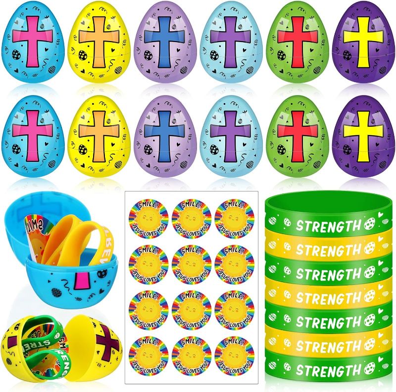 Photo 1 of 36 Sets Religious Easter Eggs with Silicone Bracelets Jesus Loves You Stickers 108 Pcs Assorted Christian Theme Easter Eggs with Toys for Easter Egg Basket Stuffers Party Favors