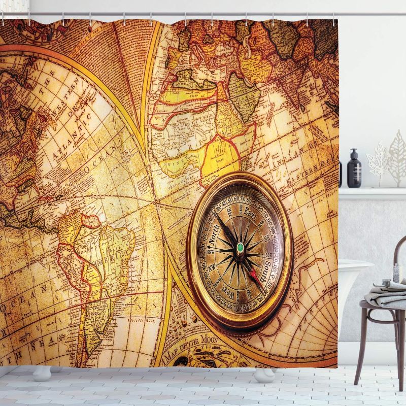 Photo 1 of  Antique Shower Curtain, Compass on an World Map Historic Borders Century-Old Antiquity Theme, Cloth Fabric Bathroom Decor Set with Hooks, 69" W x 75" L, Yellow Orange hooks not included 