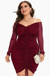 Photo 1 of Maroon Red Off Shoulder Ruched Bodycon glitter Mesh Long Sleeve Party Cocktail Dresses size XL 