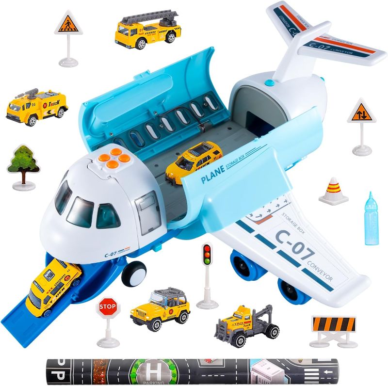 Photo 1 of IHAHA Spray Airplane Toys for Boys Girls, Large Transport Cargo Airplane with 6 Construction Vehicle 10 Road Signs 1 Play Mat, Plane Toy with Lights Sounds.