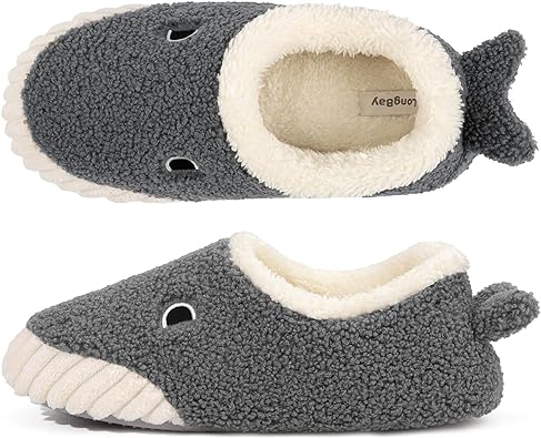 Photo 1 of LONGBAY WOMENS TEDDY FLEECE SHARK CLOSED BACK SLIPPERS GREY 5-6