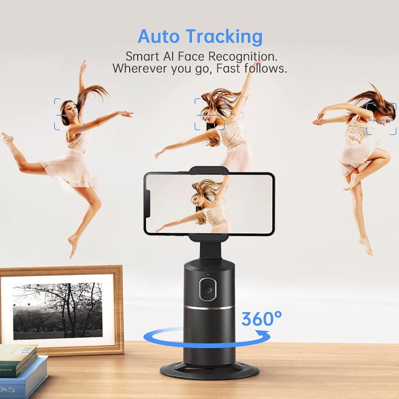 Photo 1 of Auto Face Tracking Phone Holder, No App Required, 360° Rotation Face Body Phone Tracking Tripod Smart Shooting Camera Mount for Live Vlog Streaming Video, Rechargeable Battery-Black
