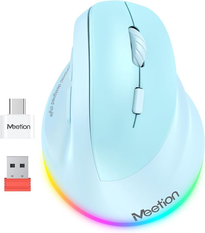 Photo 1 of Meetion Ergonomic Vertical Mouse, Bluetooth 5.0, 4 Adjustable DPI Settings, RGB Lighting, Rechargeable Battery, Smooth Scrolling Wheel, Blue
