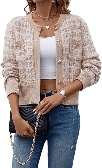 Photo 1 of Fall Women's Knit Cardigan Long Sleeve Pocket Patched Button Front Casual Cardigan Outwear Sweater
