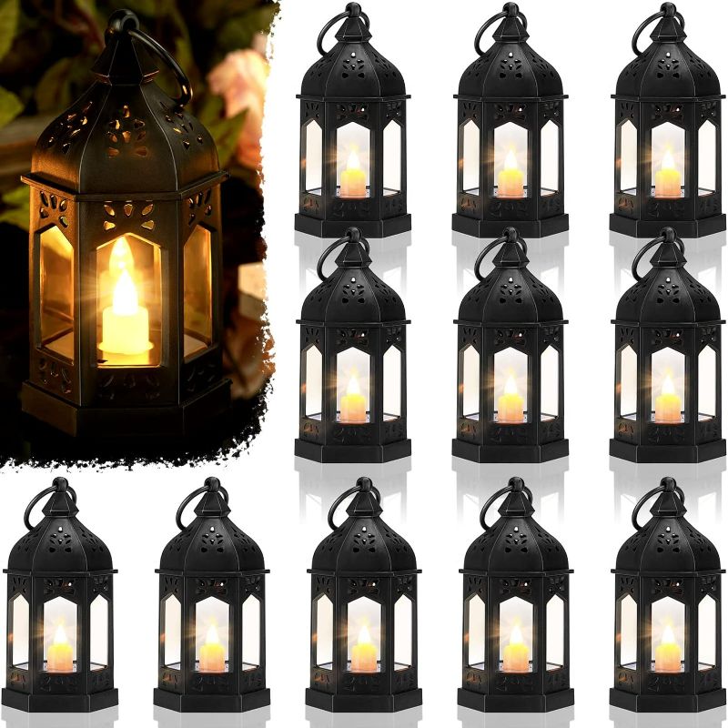 Photo 1 of (READ FULL POST) 12 Pcs Ramadan Lanterns LED Lantern Decorations Vintage Moroccan Style Hanging Lanterns Mini Eid Table Centerpieces for Home Table Party Wedding Decor (Black)