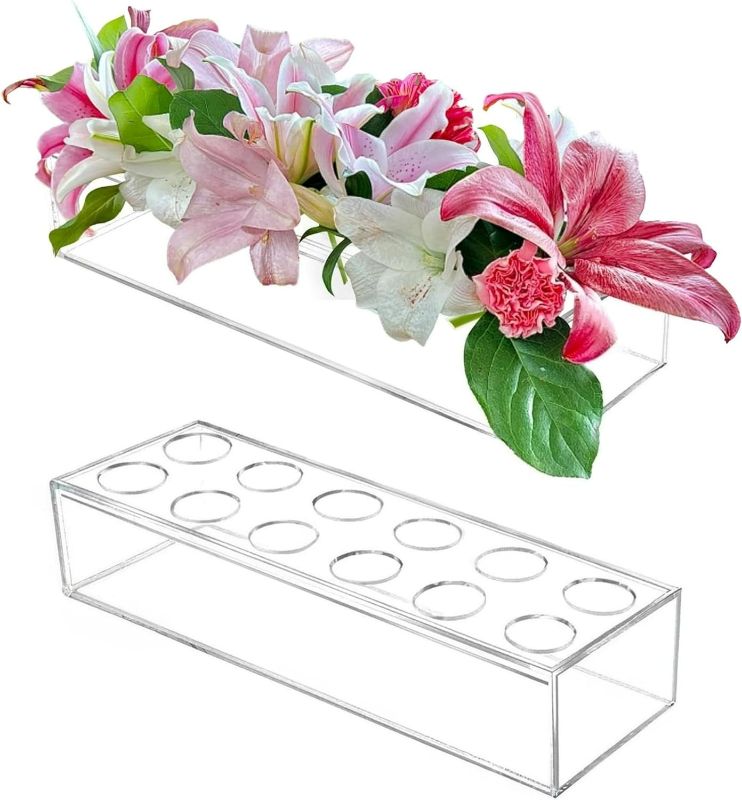 Photo 1 of 2 Pieces Clear Acrylic Flower Vase Rectangular Floral Centerpiece for Dining Table 24 Inch Long Rectangle Decorative Modern Vase for Weddings Home Decor