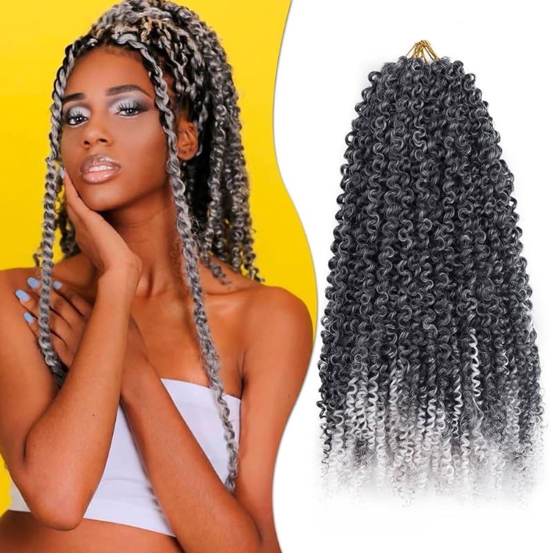 Photo 1 of 18 Inch Curly Crochet Hair for Black Women 7 Packs Bohemian Passion Twist Hair Yanky Spirng Twists Crochet Hair Braids Hair Synthetic Braiding Hair Extensions (140 Strands,T1B/Grey#)