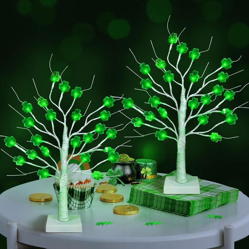 Photo 1 of 2 Pack 24 Inch Shamrock Tree Lights St Patricks Day Decorations with Timer, Saint Patricks Day Decor Lighted Tree with 24 LED Shamrock Lights, St. Patrick's Day Lights for Home Table Party