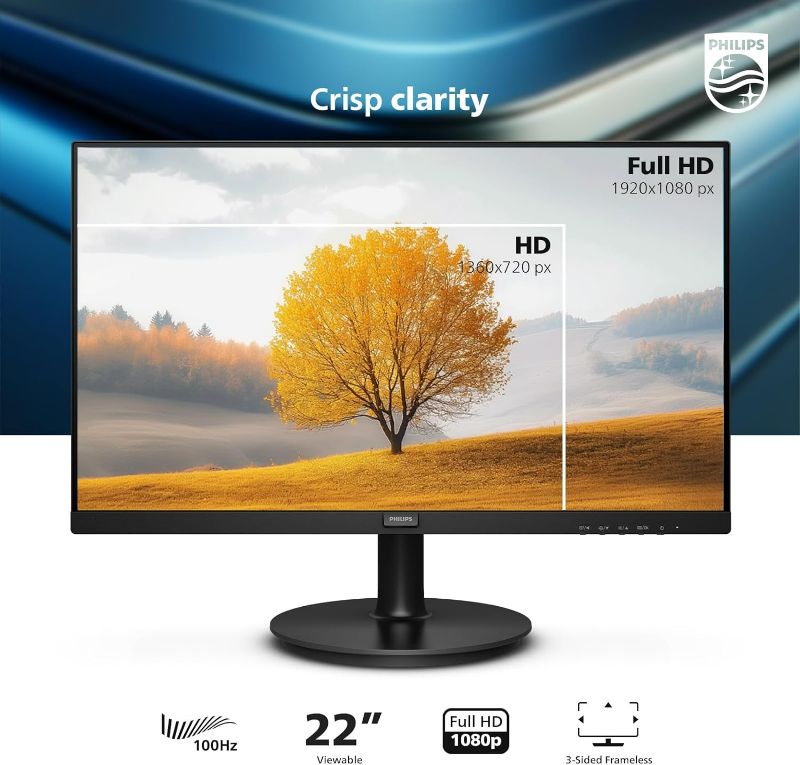 Photo 1 of PHILIPS Computer Monitors 22 inch Class Thin Full HD (1920 x 1080) 75Hz Monitor, VESA, HDMI & VGA Port, 4 Year Advance Replacement Warranty, 221V8LN 22" Class Full HD | VA