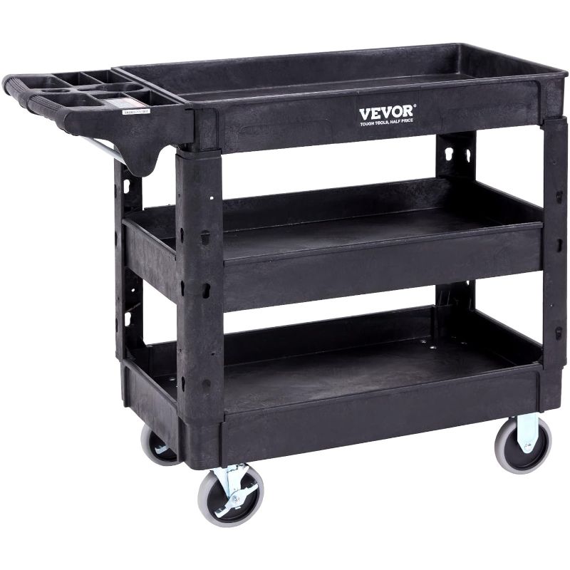 Photo 1 of **INCOMPLETE PARTS ONLY **VEVOR Utility Service Cart, 3 Shelf 550LBS Heavy Duty Plastic Rolling Utility Cart with 360° Swivel Wheels (2 with Brakes), Medium Lipped Shelf, Ergonomic Storage Handle for Warehouse/Garage/Cleaning
