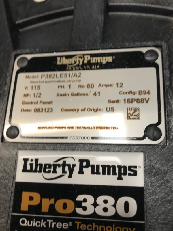 Photo 3 of ***USED - LIKELY MISSING PARTS - UNABLE TO VERIFY FUNCTIONALITY***
Liberty Pumps P382LE51/A2 Liberty Pumps P382LE51/A2 Pro380 1/2 HP Sewage Pump with QuickTree Technology an