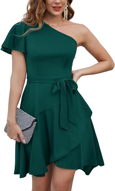 Photo 1 of GRACE KARIN Women's Wedding Guest Dress Elegant One Shoulder Cocktail Skater Dress Ruffle Short Sleeve A Line Party Dresses SIZE SMALL
