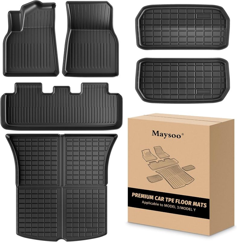 Photo 1 of Floor Mats for Tesla Model Y 2024-2020 All Weather TPE Cargo Liner Floor Mats and Cargo Trunk Mats Accessories (Set of 6 - Not Fit 7-Seat)