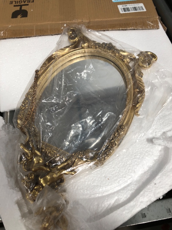 Photo 2 of Wall Mirror Baroque Style Mirrors for Wall in Gold Hanging Mirror, 16.5 x 9.5 inches Decorative Mirror with Cherub and Floral Ornaments, Vintage Decor 16.5 x 9.5 inch Gold