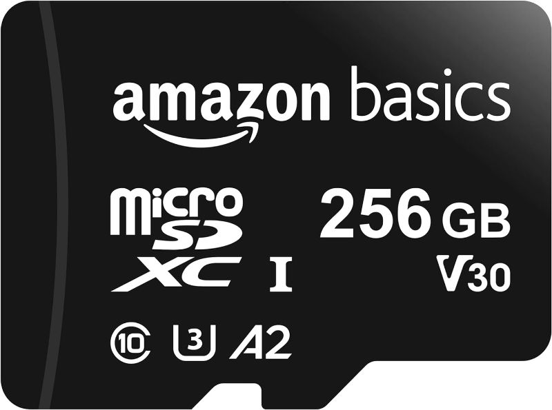 Photo 1 of Amazon Basics microSDXC Memory Card with Full Size Adapter, A2, U3, Read Speed up to 100 MB/s, 256 GB 256GB