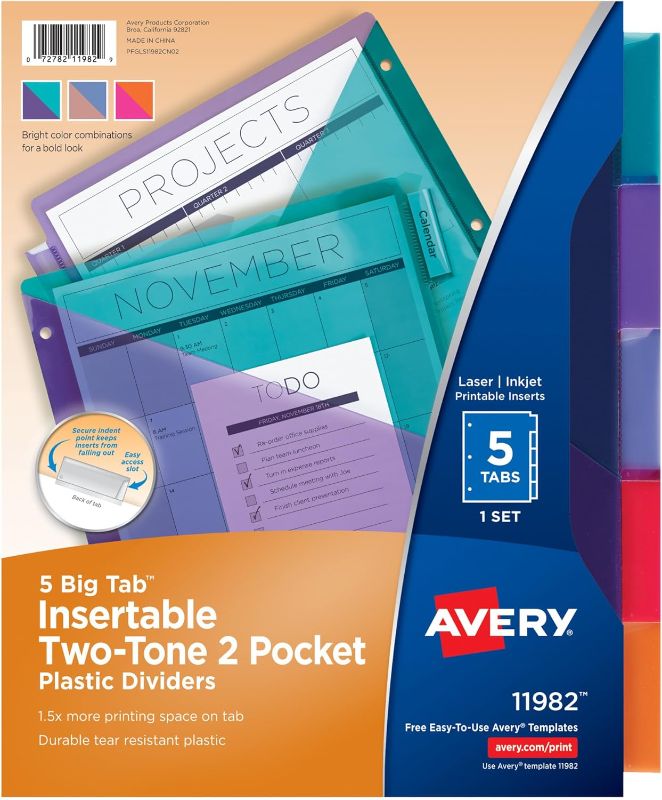 Photo 1 of Avery Big Tab Insertable 2 Pocket Dividers for 3 Ring Binders, 5-Tab Set, Bright Two-Tone Multicolor, 1 Set (11988) Contemporary