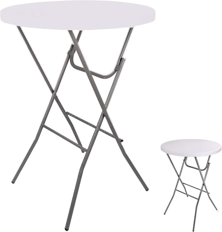 Photo 1 of  32In Folding Table, Round High Top Cocktail Table?Plastic Bar Height Table for Parties?Weddings?with Removable Legs, White