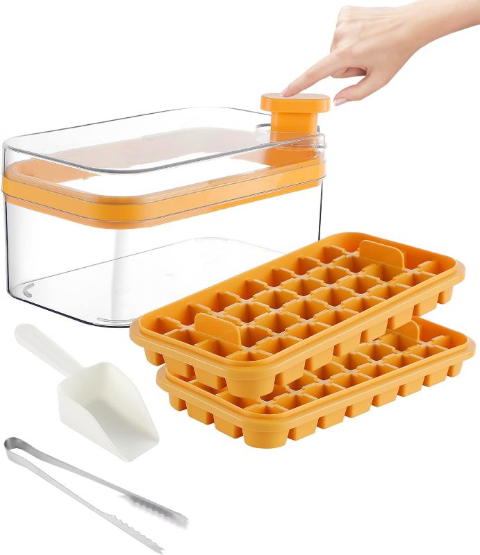 Photo 1 of (ORANGE) Ice Cube Tray with Lid for Freezer 64 Nuggets Silicone Ice Cube Tray with Lid and Bin, Ice Cube Molds for Freezer, For Whiskey, Cocktail one button press Yellow