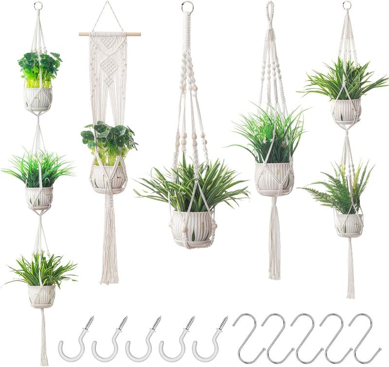 Photo 1 of 5 Packs Macrame Plant Hanger with 10 Hooks Indoor Outdoor Hanging Planters Set Flower Pots Holder Stand, Plant Basket Boho Home Decor (5, White)
