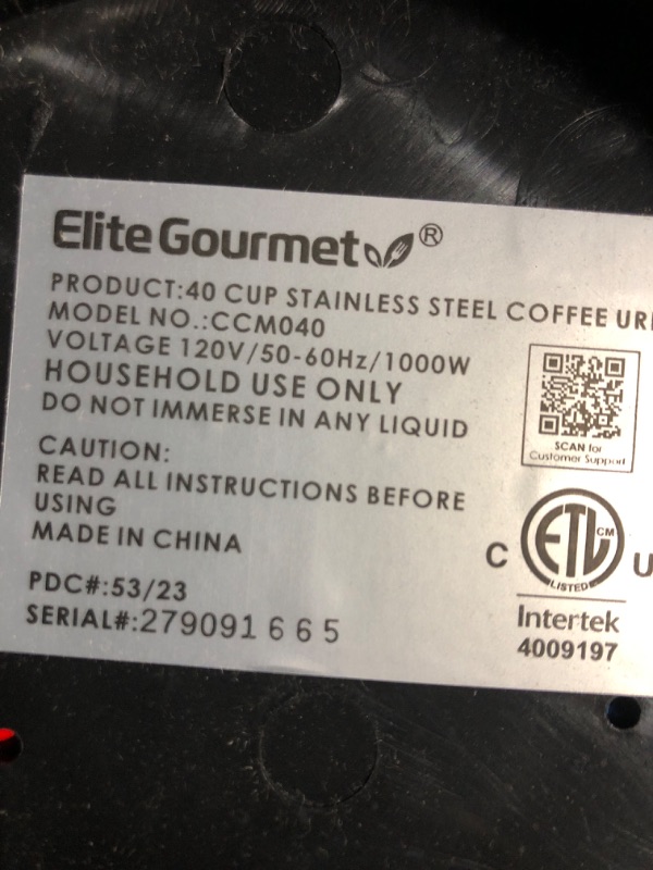 Photo 4 of (used)(see images) Elite Gourmet CCM040 Stainless Steel 40 Cup Coffee Urn Removable Filter For Easy Cleanup