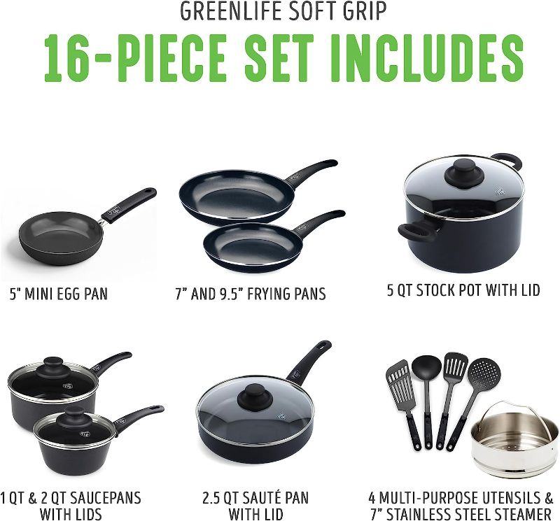 Photo 3 of (NON-REFUNDABLE) GreenLife Soft Grip Healthy Ceramic Nonstick 16 Piece Kitchen Cookware Pots and Frying Sauce Saute Pans Set, PFAS-Free with Kitchen Utensils and Lid, Dishwasher Safe, Black Diamond 16 Piece Cookware Set Black