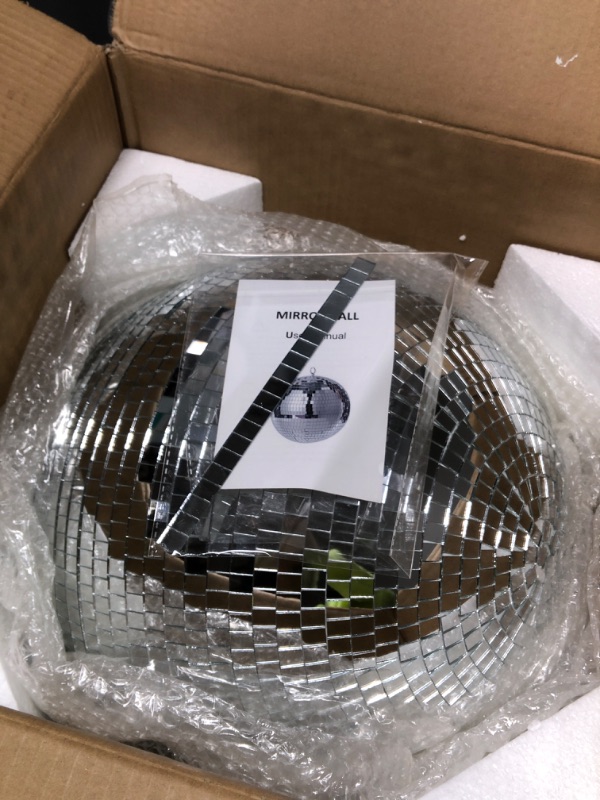 Photo 2 of 16 Inch Large Mirrorball Prop Decorations, Hanging Ring Disco Ball, 70's 80's 90's Silver Rotating Glass for Bar DJ Club Stage Lighting Holiday Easter Party Birthday Wedding Home Business Events