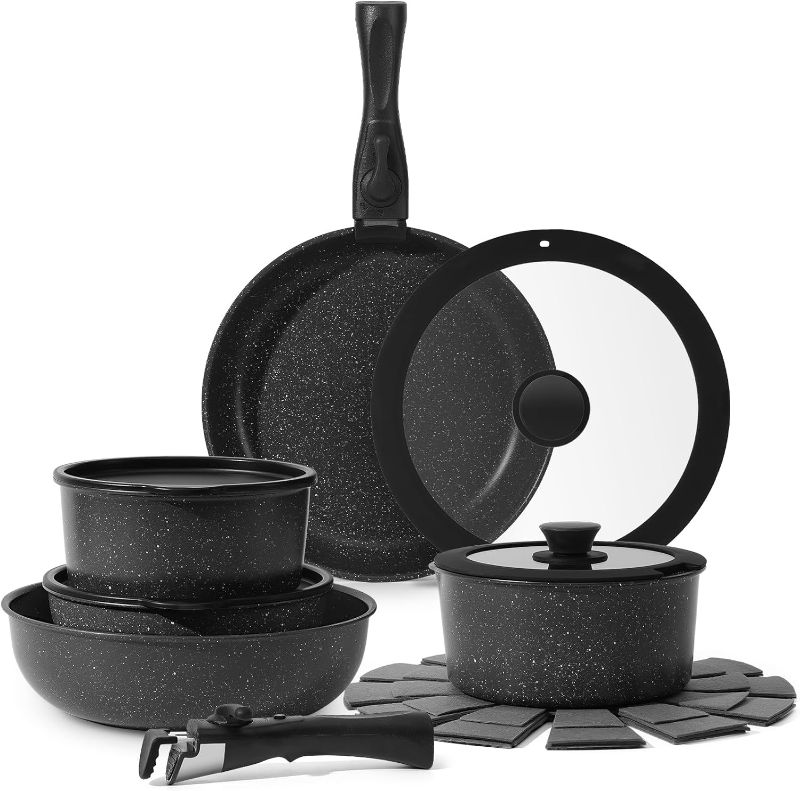 Photo 1 of 15 Pcs Pots and Pans Set Non Stick, Kitchen Cookware Sets with Detachable Handle, Non Stick Induction Cookware Cooking Set Removable Handle,Oven Safe, PFAS and PFOA Free, Black
