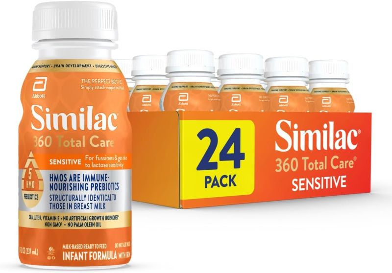 Photo 1 of BB: 08/01/2024
Similac 360 Total Care Sensitive Infant Formula for Fussiness & Gas Due to Lactose Sensitivity, Has 5 HMO Prebiotics, Non-GMO, ‡ Baby Formula, Ready to Feed, 8-fl-oz Bottle, Pack of 24
