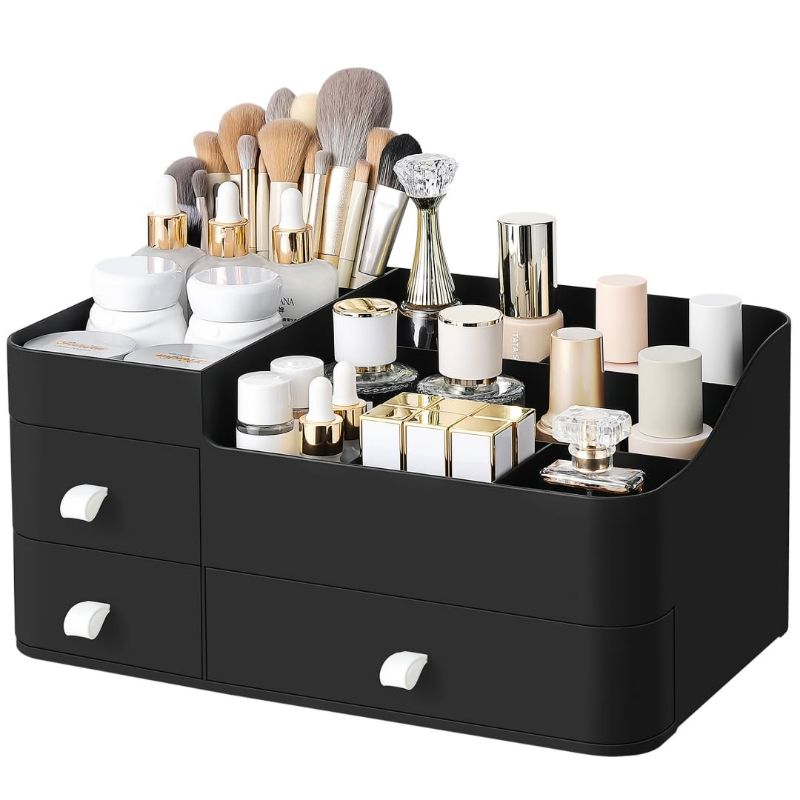 Photo 1 of ***USED - NO PACKAGING - SEE PICTURES***
ONXE Makeup Organizer With Drawers,Large Countertop Storage for Cosmetics Elegant Vanity Holder for Brushes, Eyeshadow, Lotions, Lipstick, Nail Polish and Jewelry (black)