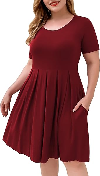 Photo 1 of FOLUNSI Women's Plus Size Short Sleeve Pleated Casual Shirt Dress with Pockets 2xl 