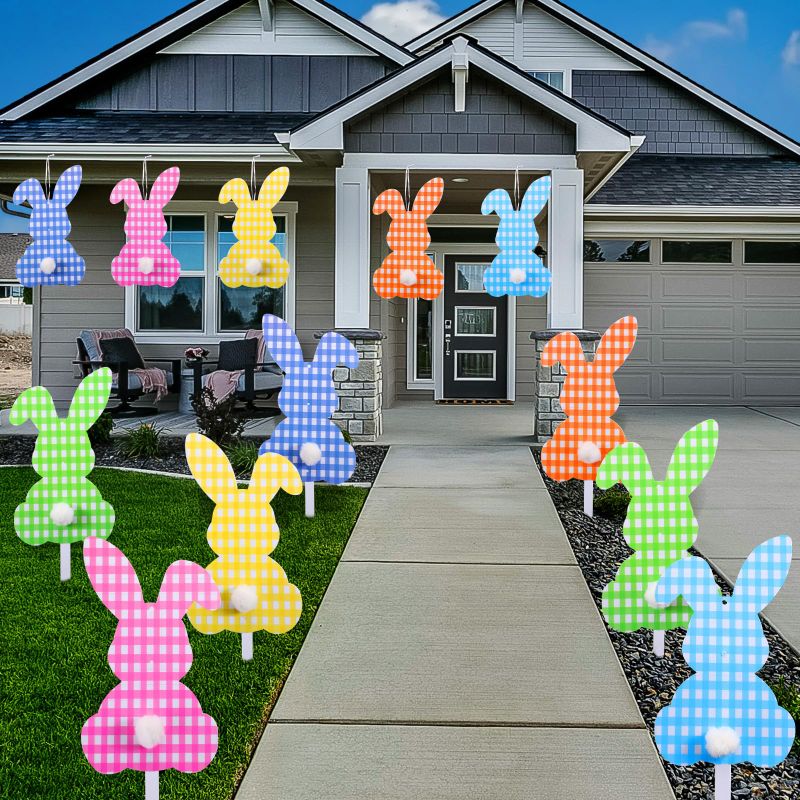 Photo 1 of 12 Pieces Easter Yard Signs Outdoor Rabbit Bunny Yard Stakes Waterproof Easter Garden Signs with Stakes Easter Hanging Sign Backyard Lawn Yard Decorations for Easter Props Hunt Game Party Supplies