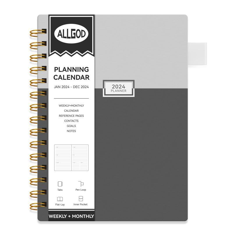 Photo 1 of 2024 Planner Daily Weekly and Monthly Spiral Bound, Jan.2024 - Dec.2024, Yearly Agenda 2024 Calendar 8.5"×6" (Grey) Black&Gray