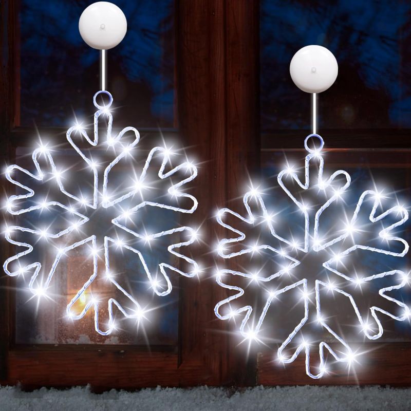 Photo 1 of [Large Size & 72 LED Lights] 2 Pcs 12" Christmas Window Lights Snowflakes Light Christmas Snowflakes Decorations with Suction Cup Waterproof Battery Operated Xmas Window Decor for Indoor Outdoor Party Christmas Snowflake Window Lights