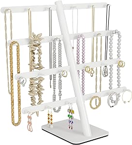 Photo 1 of FEILERN Jewelry Organizer Stand Holder, 4-Tier Necklace Organizer Earring Holder with 24 Hooks, Jewelry Necklace Earring Display Stands for Dresser and Selling (White)