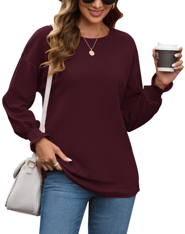 Photo 1 of AUSELILY Women's Lantern Long Sleeve Tunic Tops Crewneck Bubble Shirts Loose Fit Sweatshirt Smocked Cuffs X-Large Burgundy