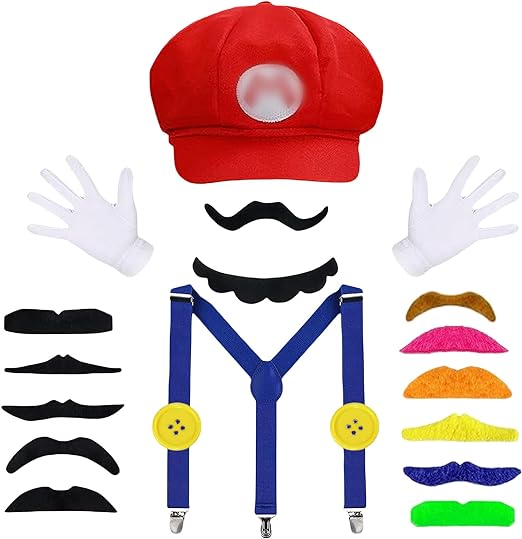 Photo 1 of `KITCHSTAR Bros Mario  Hat Costume Mustaches Gloves Buttons Cosplay Costume for Adults Women Men Kids Halloween Costume Red