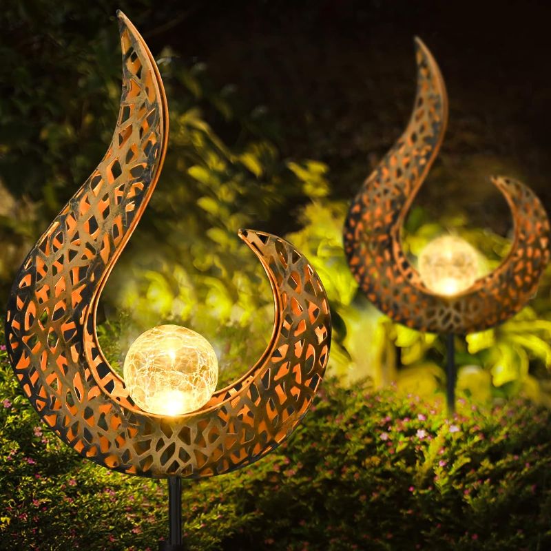 Photo 1 of 2 Pack Solar Garden Lights Outdoor,Big Torch Crackle Glass Globe Stake Metal Lights Waterproof Garden Decor Light for Yard,Mom Gifts Housewarming Gift
