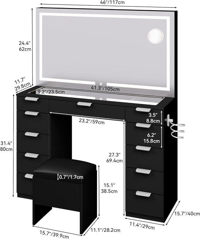 Photo 5 of (NON-REFUNDABLE) YITAHOME Vanity Desk Set with Large LED Lighted Mirror & Power Outlet, Glass Top Vanity with 11 Drawers and Magnifying Glass, 46'' Large Makeup Vanity with Storage Bench, Black Vanity for Bedroom Black Casual