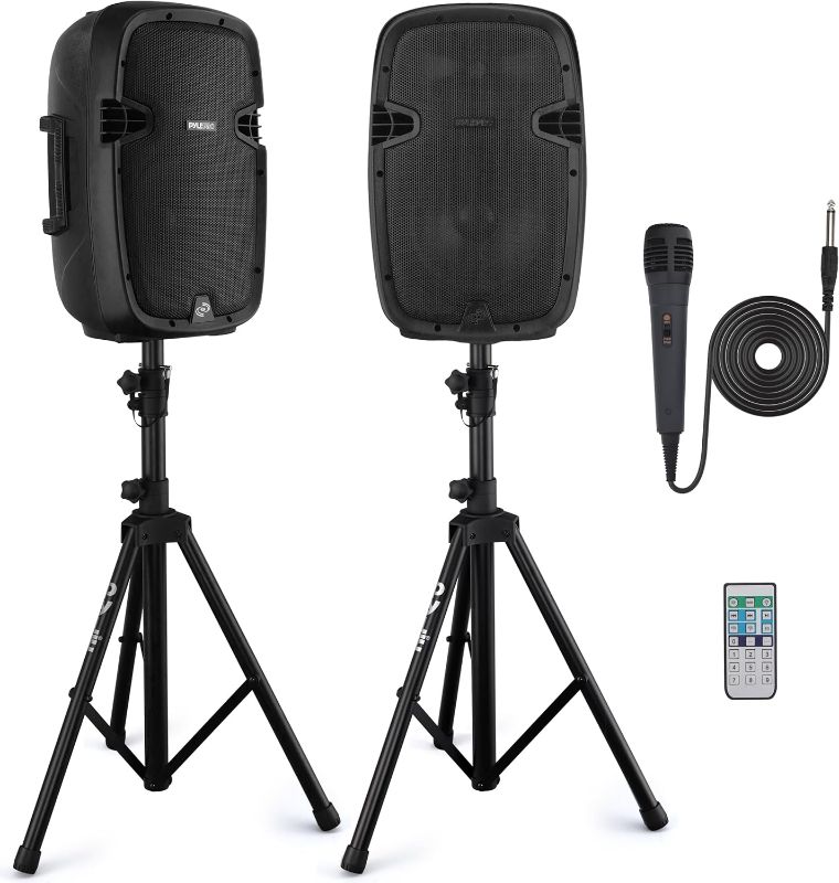 Photo 1 of Pyle Wireless Portable PA system - 1000W High Powered Bluetooth Compatible Active + Passive Pair Outdoor Sound Speakers w/ USB SD MP3 AUX - 35mm Mount, 2 Stand, Microphone, Remote - Pyle PPHP1049KT
