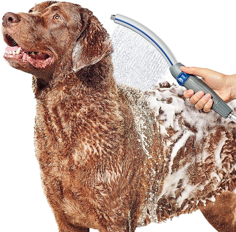 Photo 1 of Waterpik Pet Wand Pro Dog Shower Attachment for Fast and Easy Dog Bathing and Cleaning, Indoor and Outdoor Sprayer Includes 8-Foot Flex Hose, Blue/Grey, PPR-252E 1.8 GPM