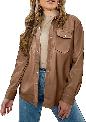 Photo 1 of L - luvamia Faux Leather Jackets for Women Long Sleeve Oversized Shackets with Pocket Belted Pleather Jacket Moto Biker Coat
